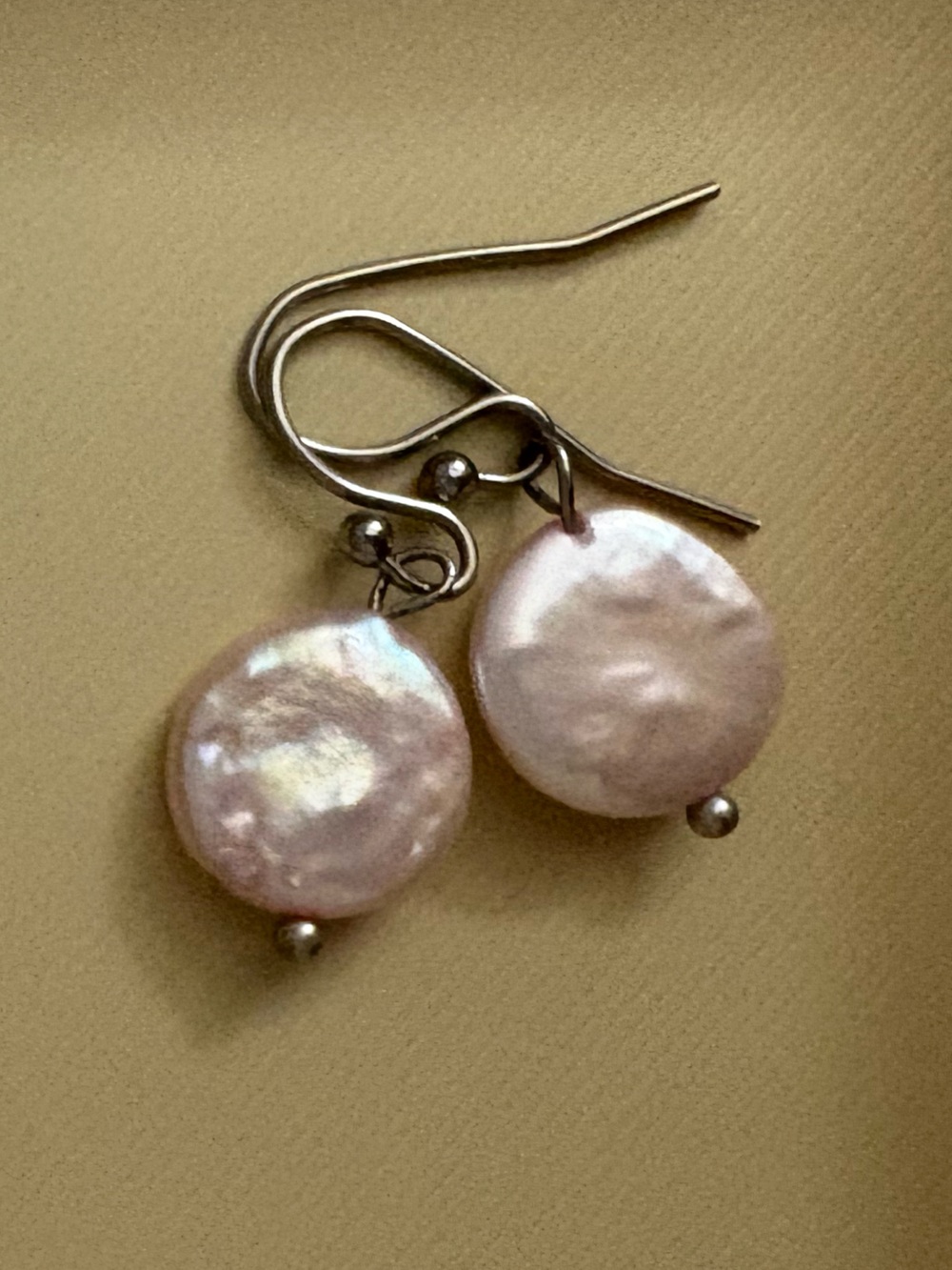 Freshwater Pink Coin Pearl Drop Earrings with Silver Hooks